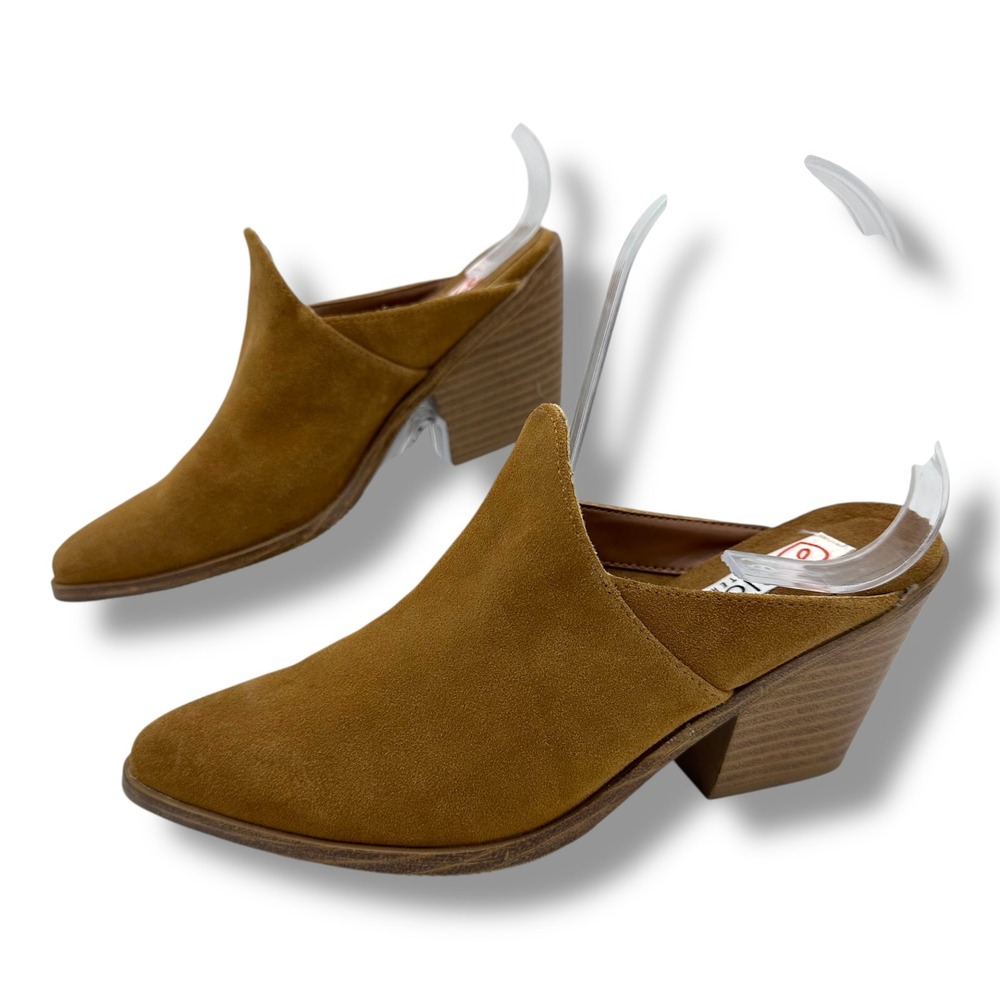 Blondo Nala Waterproof Suede‎ Mules Cognac Brown Pointed Toe Block Heel  7M